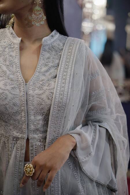 SHASHA GABA_Grey Georgette Shantoon, Mukaish Net Cutdana, Embroidered Kurta Sharara Set_at_Aza_Fashions