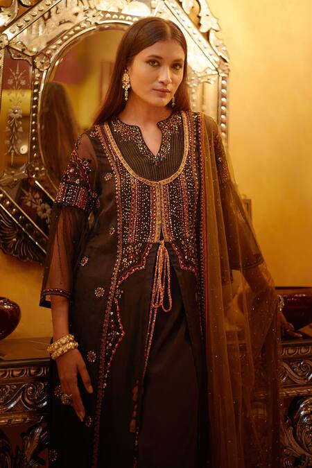 Shop_SHASHA GABA_Black Organza, Crepe, Mukaish Net, Satin Linen, Soft Embroidered And Kurta Set_Online_at_Aza_Fashions