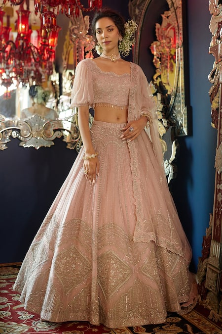Buy Pink Dupion Silk And Embroidery Floral Leaf Neck Lehenga Set For Women  by Shachi Sood Online at Aza Fashions.