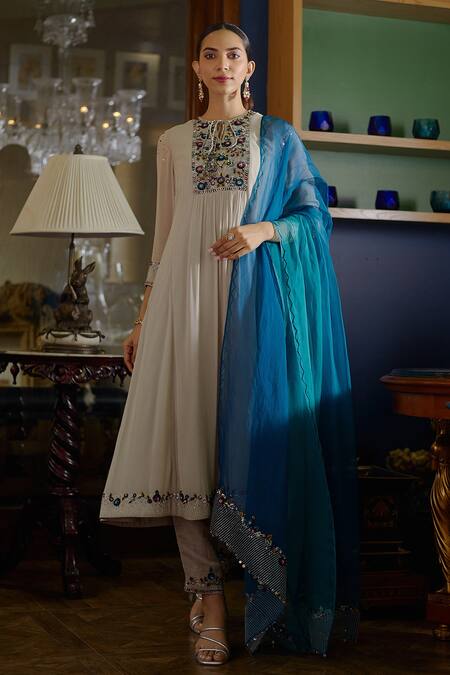 Buy_SHASHA GABA_Grey Organza, Georgette, Satin Linen Sequin Keyhole Embroidered Anarkali Set_Online_at_Aza_Fashions