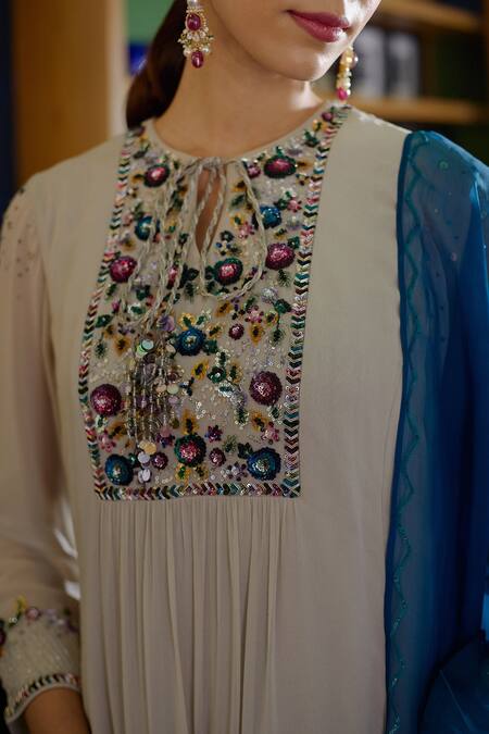 SHASHA GABA_Grey Organza, Georgette, Satin Linen Sequin Keyhole Embroidered Anarkali Set_at_Aza_Fashions