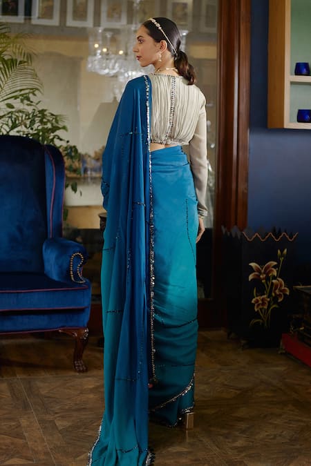 Shop_Shasha Gaba_Blue Chinnon Chevron V Neck Embroidered Saree With Blouse _at_Aza_Fashions