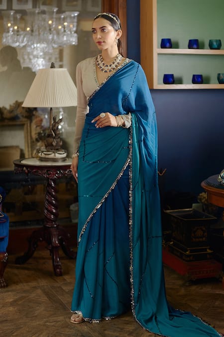 Shasha Gaba_Blue Chinnon Chevron V Neck Embroidered Saree With Blouse _Online_at_Aza_Fashions