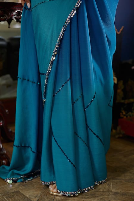Shop_Shasha Gaba_Blue Chinnon Chevron V Neck Embroidered Saree With Blouse _Online_at_Aza_Fashions
