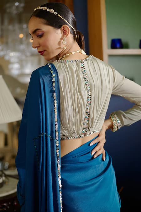 Shasha Gaba_Blue Chinnon Chevron V Neck Embroidered Saree With Blouse _at_Aza_Fashions