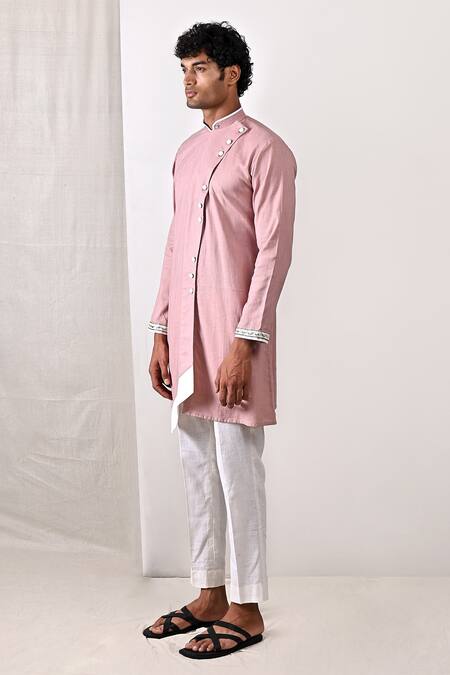 Bohame_Purple Linen Blend Plain Colton Asymmetric Kurta Set_Online_at_Aza_Fashions