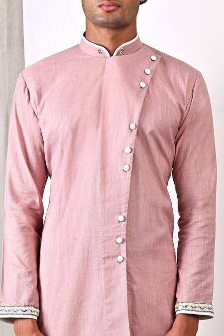 Buy_Bohame_Purple Linen Blend Plain Colton Asymmetric Kurta Set_Online_at_Aza_Fashions