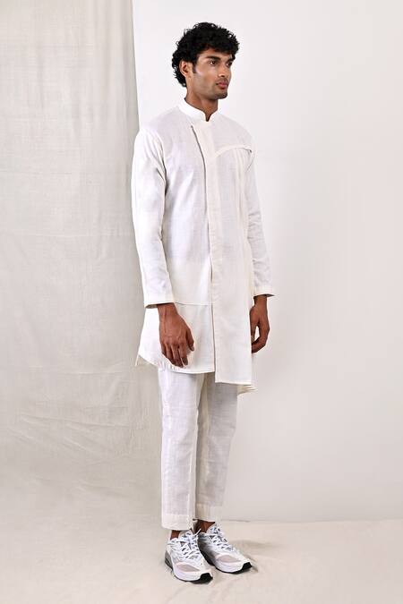 Bohame_White Linen Blend Plain Landon Overlap Kurta Set_Online_at_Aza_Fashions