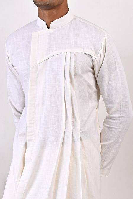 Buy_Bohame_White Linen Blend Plain Landon Overlap Kurta Set_Online_at_Aza_Fashions