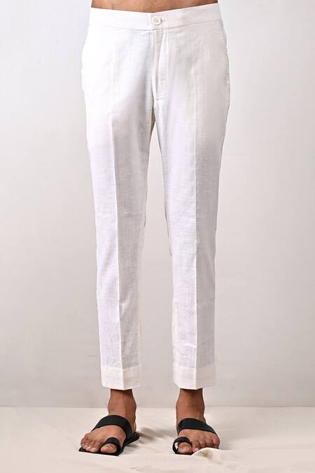 Shop_Bohame_White Linen Blend Plain Landon Overlap Kurta Set_Online_at_Aza_Fashions