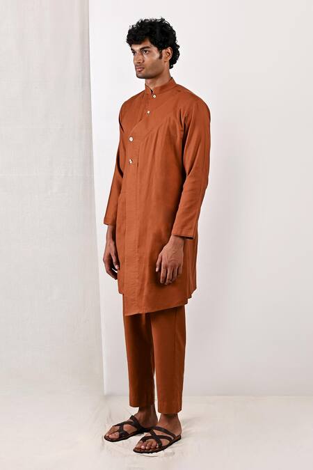 Bohame_Brown Linen Blend Plain Byran Overlap Kurta Set_Online_at_Aza_Fashions