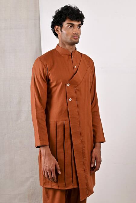 Buy_Bohame_Brown Linen Blend Plain Byran Overlap Kurta Set_Online_at_Aza_Fashions