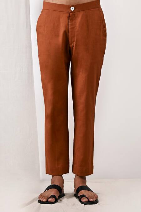 Shop_Bohame_Brown Linen Blend Plain Byran Overlap Kurta Set_Online_at_Aza_Fashions