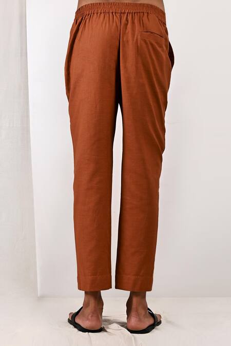 Bohame_Brown Linen Blend Plain Byran Overlap Kurta Set_at_Aza_Fashions