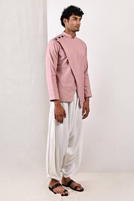 Bohame_Purple Linen Blend Plain Erving Overlap Kurta Set_Online_at_Aza_Fashions