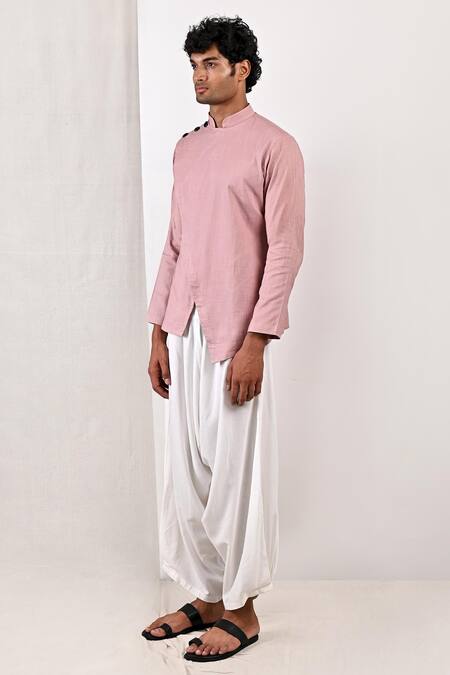 Buy_Bohame_Purple Linen Blend Plain Erving Overlap Kurta Set_Online_at_Aza_Fashions