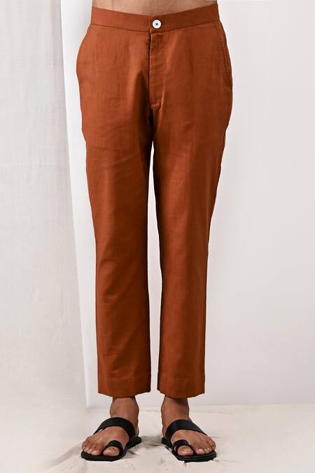 Shop_Bohame_Brown Linen Blend Plain Daena Band Collar Kurta Set_Online_at_Aza_Fashions