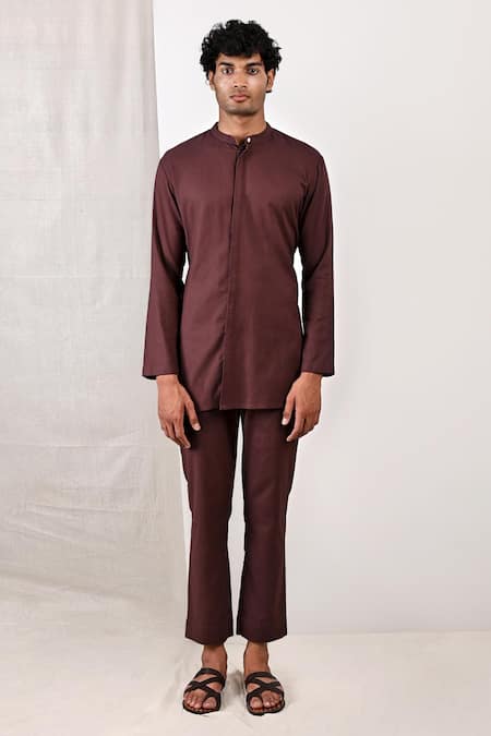Bohame Brown Linen Blend Plain Beckett Band Collar Kurta Set 