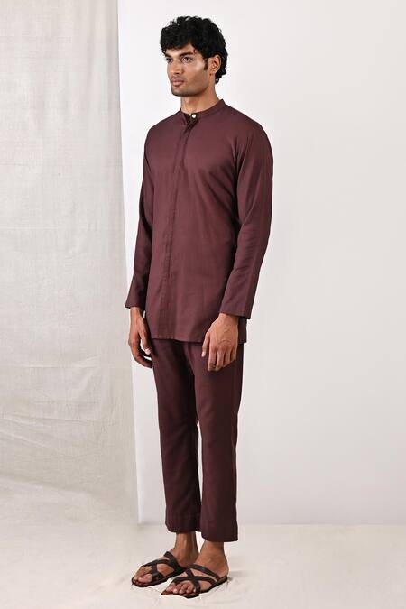 Bohame_Brown Linen Blend Plain Beckett Band Collar Kurta Set_Online_at_Aza_Fashions