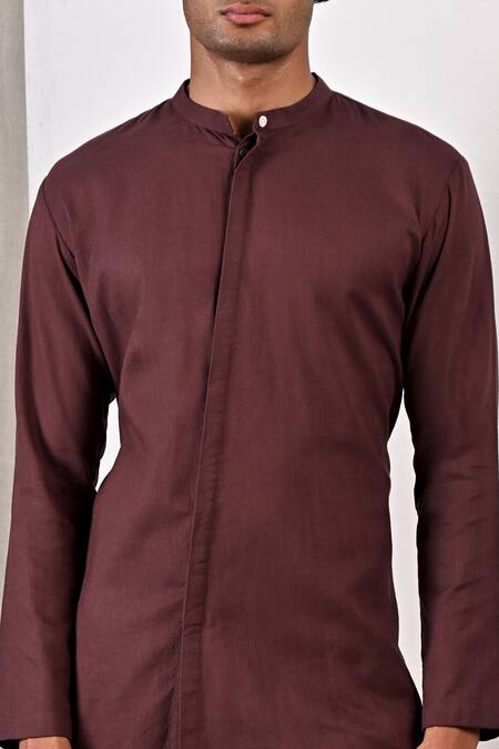 Buy_Bohame_Brown Linen Blend Plain Beckett Band Collar Kurta Set_Online_at_Aza_Fashions