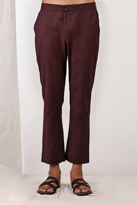 Shop_Bohame_Brown Linen Blend Plain Beckett Band Collar Kurta Set_Online_at_Aza_Fashions