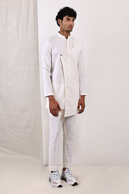 Bohame_White Linen Blend Plain Layne Bundi And Overlap Kurta Set_Online_at_Aza_Fashions