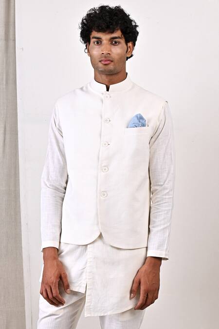 Shop_Bohame_White Linen Blend Plain Layne Bundi And Overlap Kurta Set_Online_at_Aza_Fashions
