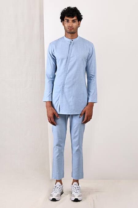 Bohame_Blue Linen Blend Plain Ashton Bundi And Asymmetric Kurta Set_Online_at_Aza_Fashions