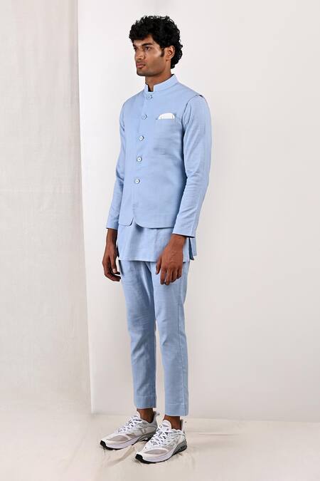 Buy_Bohame_Blue Linen Blend Plain Ashton Bundi And Asymmetric Kurta Set_Online_at_Aza_Fashions