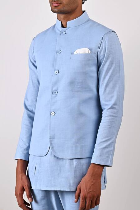 Shop_Bohame_Blue Linen Blend Plain Ashton Bundi And Asymmetric Kurta Set_Online_at_Aza_Fashions