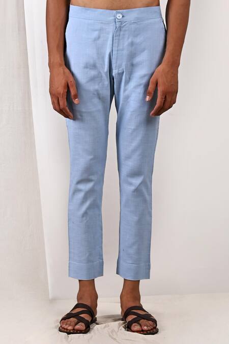 Bohame_Blue Linen Blend Plain Ashton Bundi And Asymmetric Kurta Set_at_Aza_Fashions