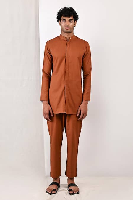 Bohame_Brown Linen Blend Plain Corbin Bundi And Band Collar Kurta Set_Online_at_Aza_Fashions