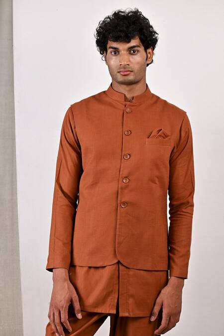 Buy_Bohame_Brown Linen Blend Plain Corbin Bundi And Band Collar Kurta Set_Online_at_Aza_Fashions