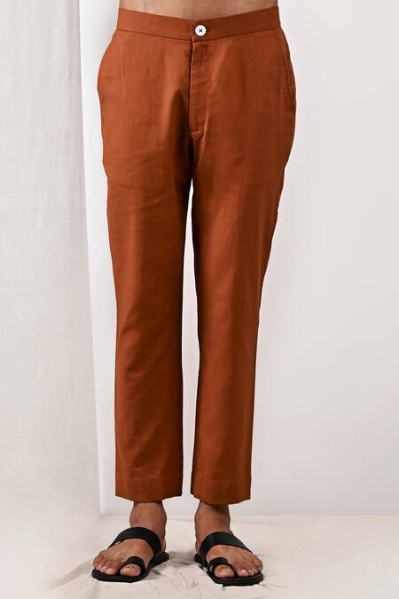 Shop_Bohame_Brown Linen Blend Plain Corbin Bundi And Band Collar Kurta Set_Online_at_Aza_Fashions