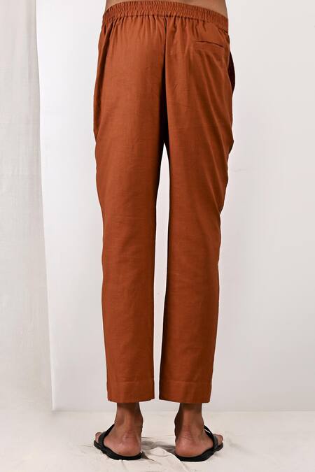 Bohame_Brown Linen Blend Plain Corbin Bundi And Band Collar Kurta Set_at_Aza_Fashions