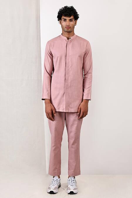 Bohame_Purple Linen Blend Plain Arnold Bundi And Band Collar Kurta Set_Online_at_Aza_Fashions