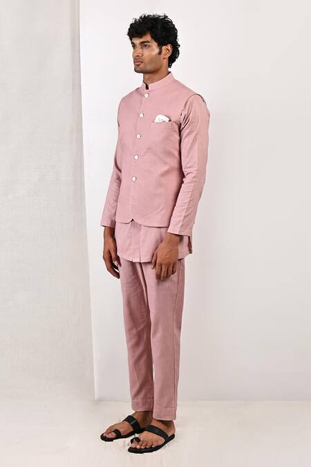 Buy_Bohame_Purple Linen Blend Plain Arnold Bundi And Band Collar Kurta Set_Online_at_Aza_Fashions