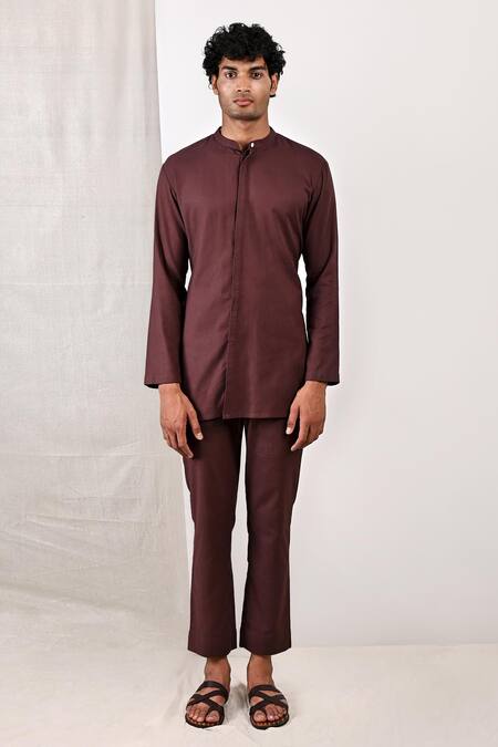 Bohame_Brown Linen Blend Plain Bleiz Bundi And Asymmetric Kurta Set_Online_at_Aza_Fashions