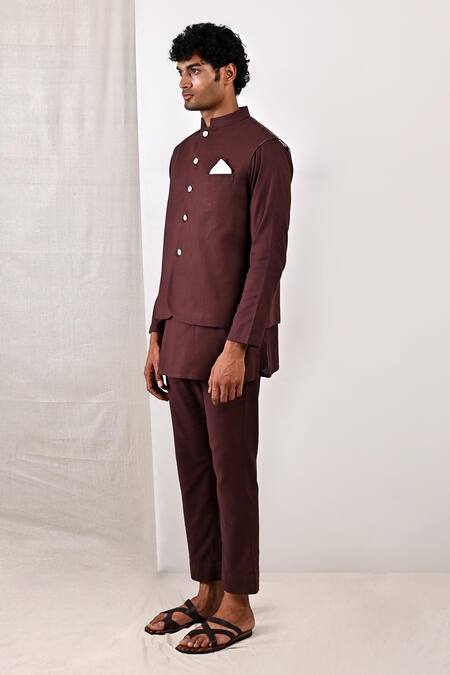 Buy_Bohame_Brown Linen Blend Plain Bleiz Bundi And Asymmetric Kurta Set_Online_at_Aza_Fashions