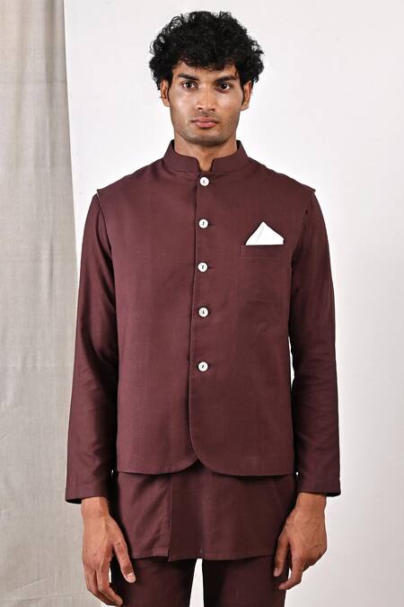 Shop_Bohame_Brown Linen Blend Plain Bleiz Bundi And Asymmetric Kurta Set_Online_at_Aza_Fashions