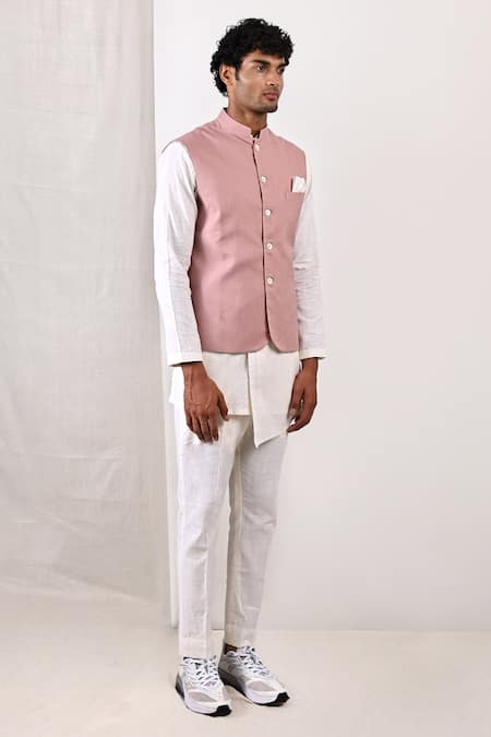 Bohame Purple Linen Blend Plain Alistair Bundi And Overlap Kurta Set Online at Aza Fashions Bohame_Purple Linen Blend Plain Alistair Bundi And Overlap Kurta Set_Online_at_Aza_Fashions