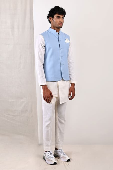Bohame_Blue Linen Blend Plain Damian Bundi And Overlap Kurta Set_Online_at_Aza_Fashions