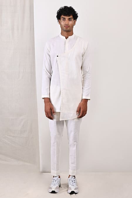 Buy_Bohame_Blue Linen Blend Plain Damian Bundi And Overlap Kurta Set_Online_at_Aza_Fashions