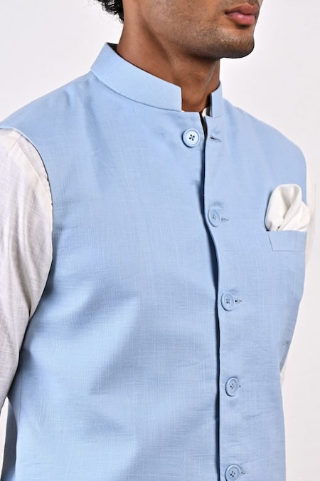 Shop_Bohame_Blue Linen Blend Plain Damian Bundi And Overlap Kurta Set_Online_at_Aza_Fashions