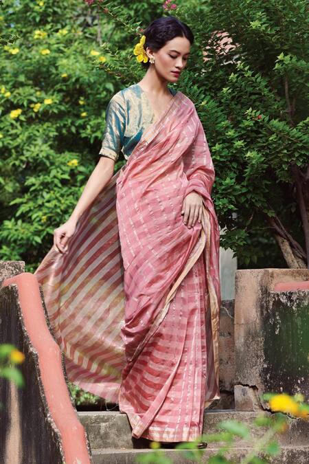 Dressfolk_Pink Maheshwari Silk Zari Rumaani Striped Saree With Running Blouse_Online_at_Aza_Fashions