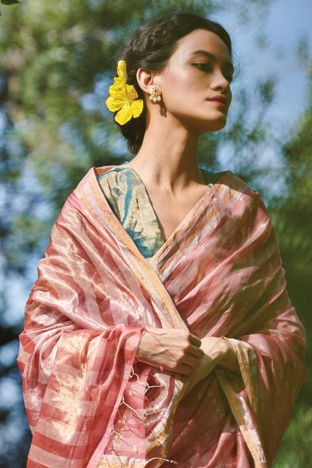 Shop_Dressfolk_Pink Maheshwari Silk Zari Rumaani Striped Saree With Running Blouse_Online_at_Aza_Fashions