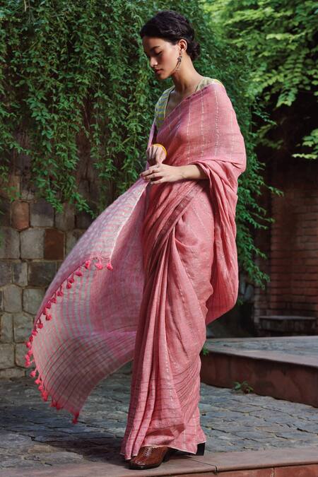 Elegant Grey Linen Handwoven Jamdani Saree With Thin Borders - Loomfolks