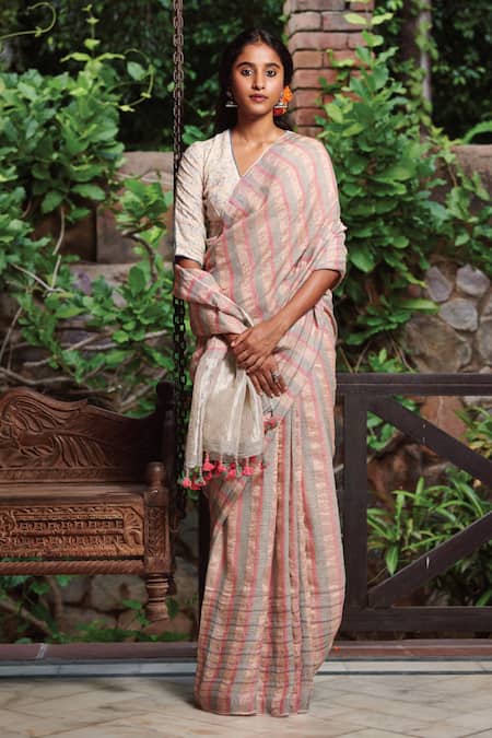 Dressfolk Multi Color 100% Handloom Linen Handwoven Zari Rekhta Striped Saree 