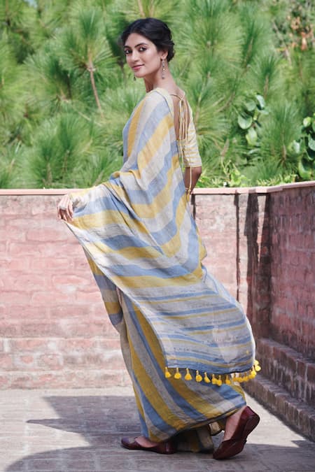 Dressfolk Manjiri Handloom Linen Striped Saree With Running Blouse