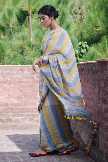 Dressfolk Multi Color 100% Handloom Linen Stripes Manjiri Saree With Running Blouse Online at Aza Fashions Dressfolk_Multi Color 100% Handloom Linen Stripes Manjiri Saree With Running Blouse _Online_at_Aza_Fashions